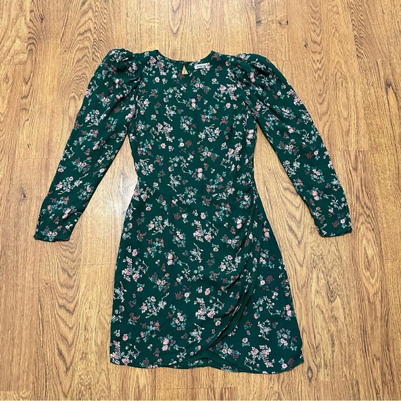 Reformation Juni Green Floral Long Sleeve Mini Lined Dress Size 6 Puff Sleeve - Picture 3 of 12